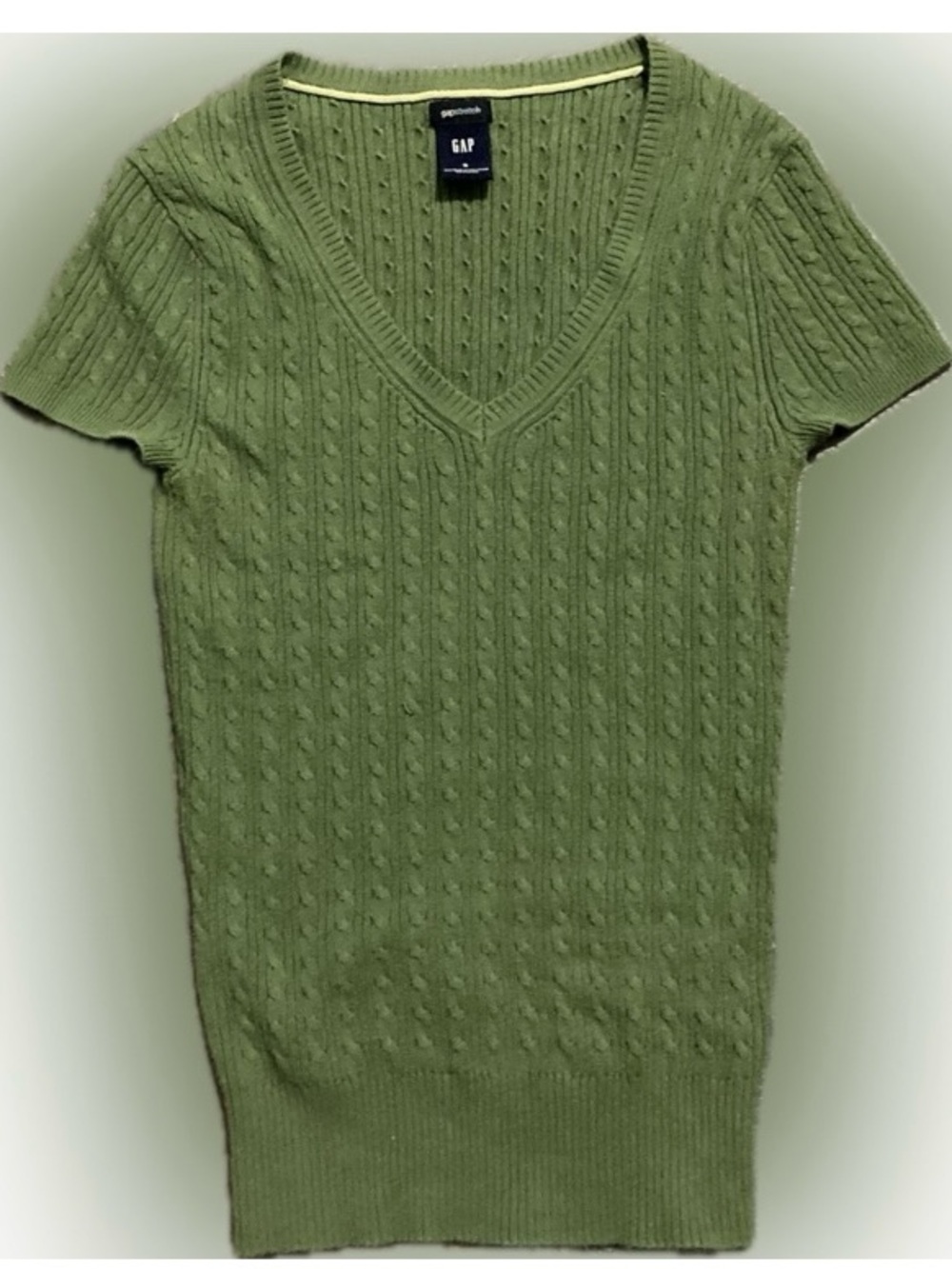 GAP Women's Green Cable Knit V-Neck Short Sleeve Sweater Size S